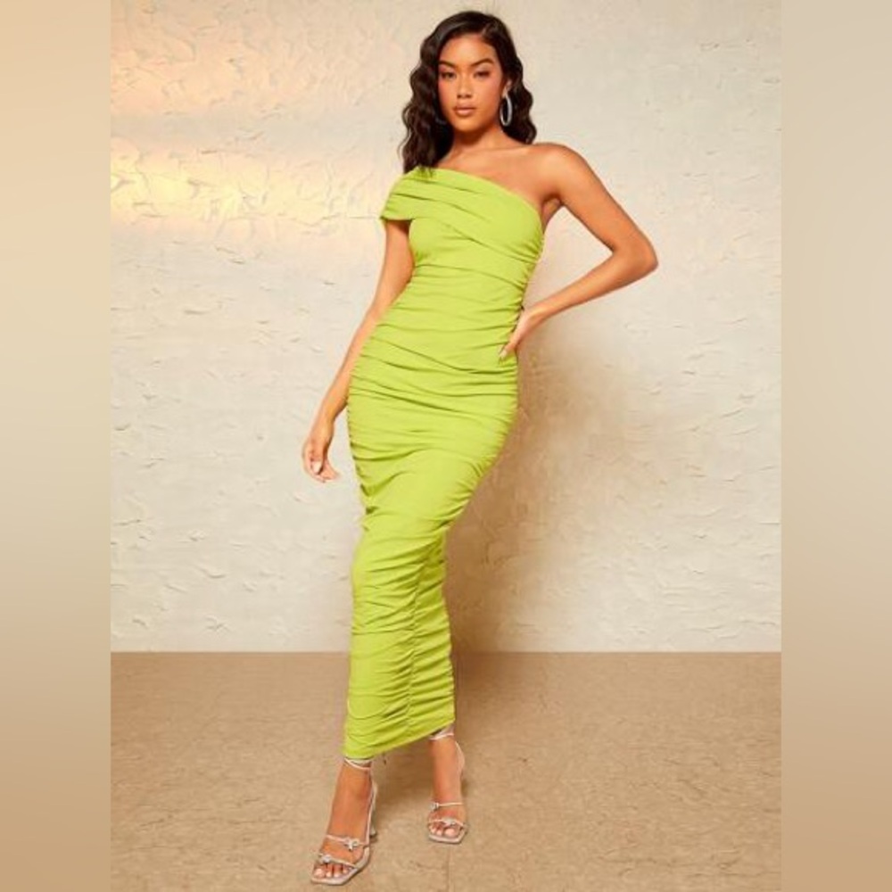 ✨ SHEIN BAE One Shoulder Ruched Bodycon Maxi Dress – Lime Green, size M (6) ✨